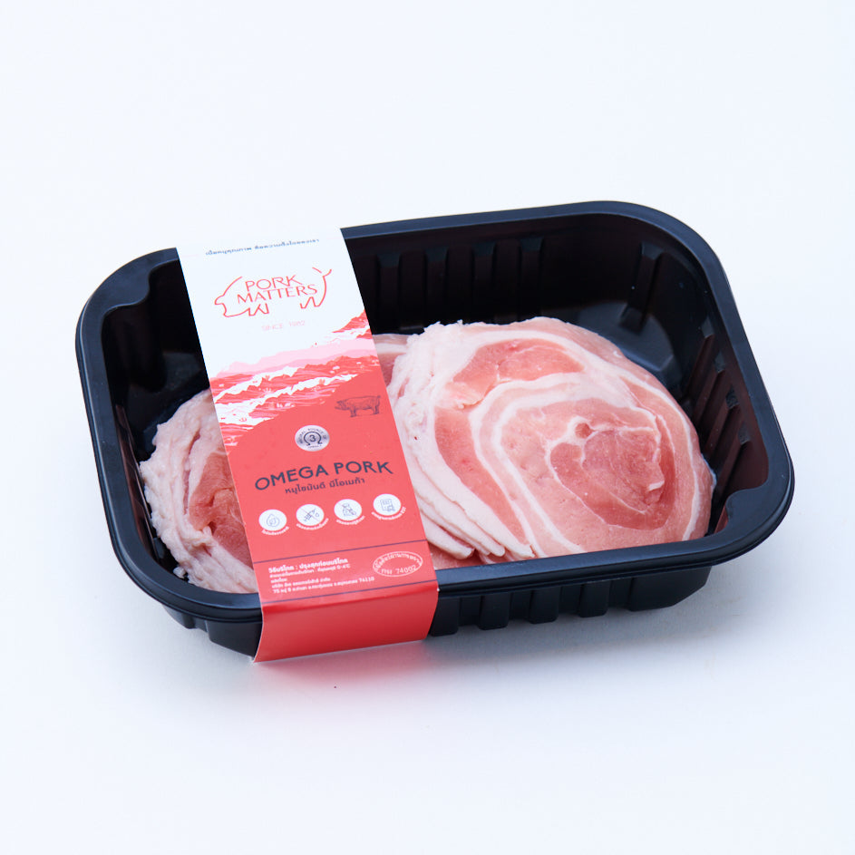 PM หมูสามชั้นลอกหนังกลมสไลซ์ OMEGA 250G